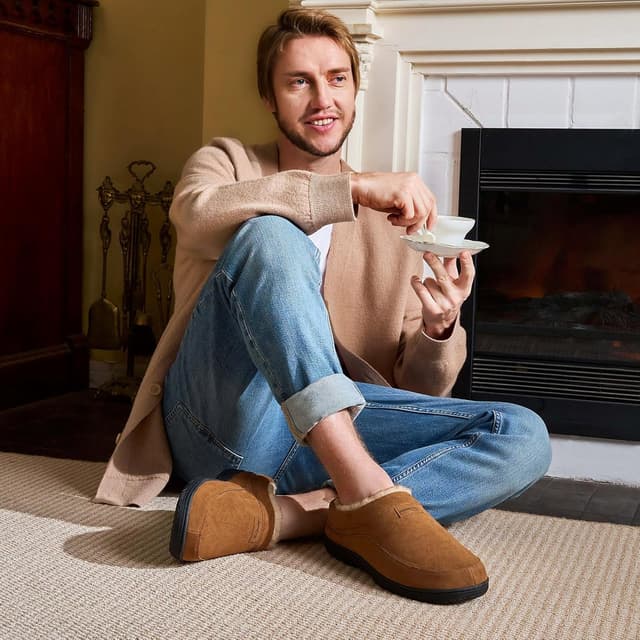 Detalle de HomeTop Men’s Moccasin Slippers with Memory Foam & Non-slip TPR Sole