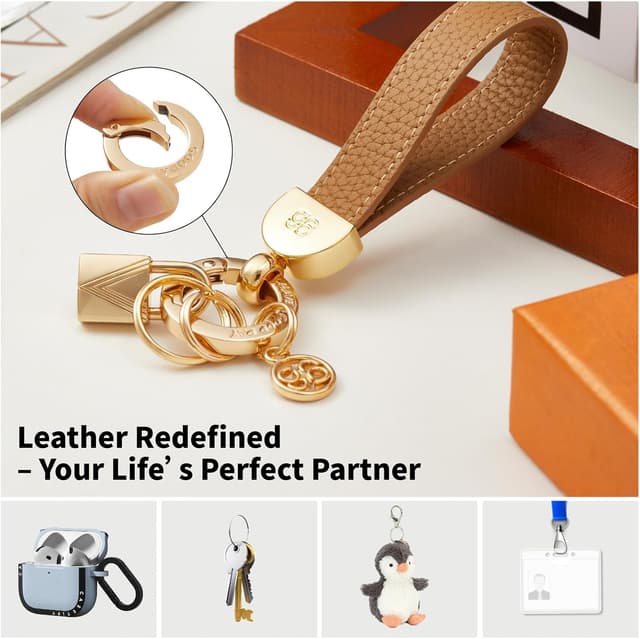 Detalle de GOODAYY Genuine Leather Keychain with Cowhide Strap, Zinc Alloy Buckle and Extra Split Rings (Gift Box)