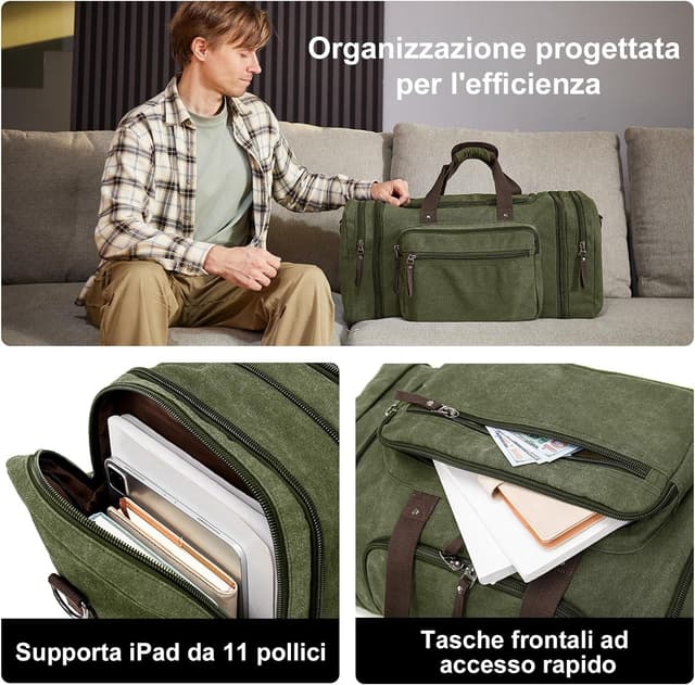 Detalle de EKOROMIER 70L borsa da viaggio grande in tela espandibile uomo (62×29×33 cm, espandibile fino a 72 cm)