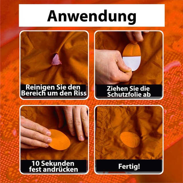 Detalle de aZengear Reparaturflicken-Set für Daunenjacken, Steppjacken & mehr (11 Stück, Orange) – selbstklebend, wasserdicht