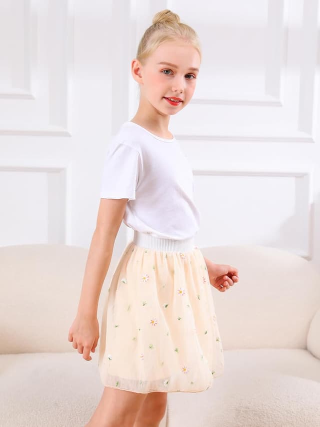 Detalle de Bezioner Girls’ Embroidered Tulle Skirt (4 Layers, Floral) with Lining