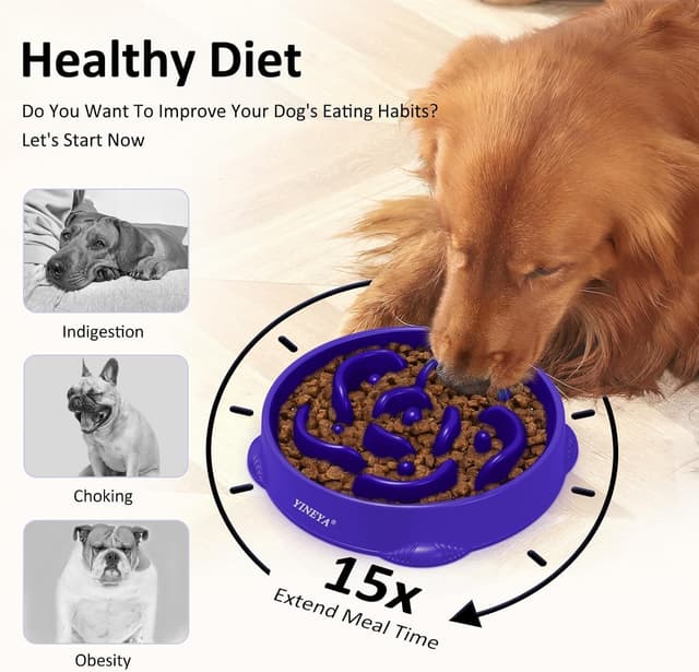 Detalle de YINEYA Slow Feeder Dog Bowl (Large Breed) – Purple labyrinth anti-gulp design