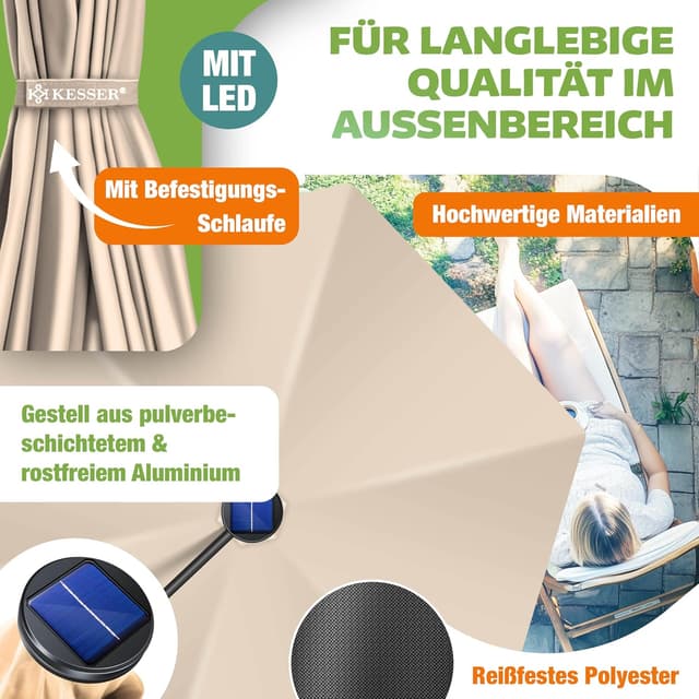 Detalle de KESSER® Alu Ampelschirm LED Solar mit 24 LED, Kurbel, 360°-Funktion und Abdeckung