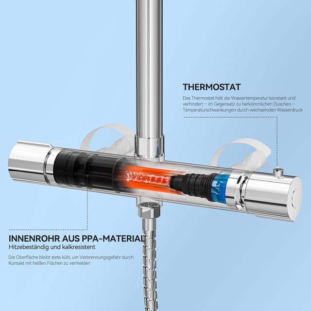 Detalle de Auralum Thermostat-Duscharmatur Komplettset mit Verbrühschutz & Regendusche (250 x 250 mm) in Chrom