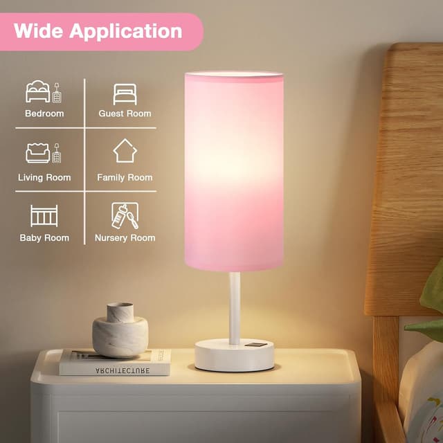 Detalle de Aooshine Pink Bedside Lamps with Touch Control and USB-C + USB-A Charging Ports (White Base, Bulb Included)