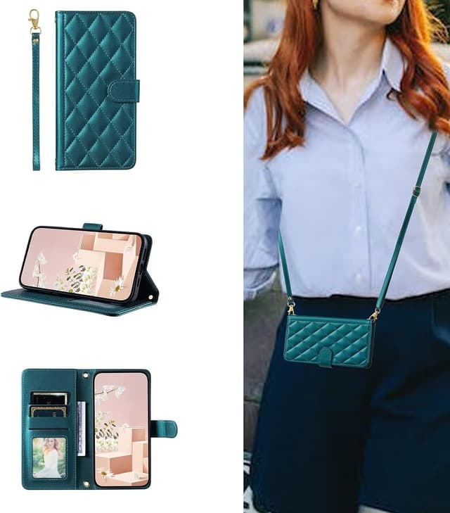 Detalle de YANJIEER ESONG Handykette Schutzhülle für iPhone 17 Air – Leder-Flip-Case mit Kartenfächern, Magnetverschluss und Standfunktion (grün)