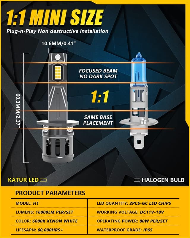 Detalle de KATUR H1 LED per fari auto Canbus 80W 16.000LM 6000K plug & play (2 pezzi)