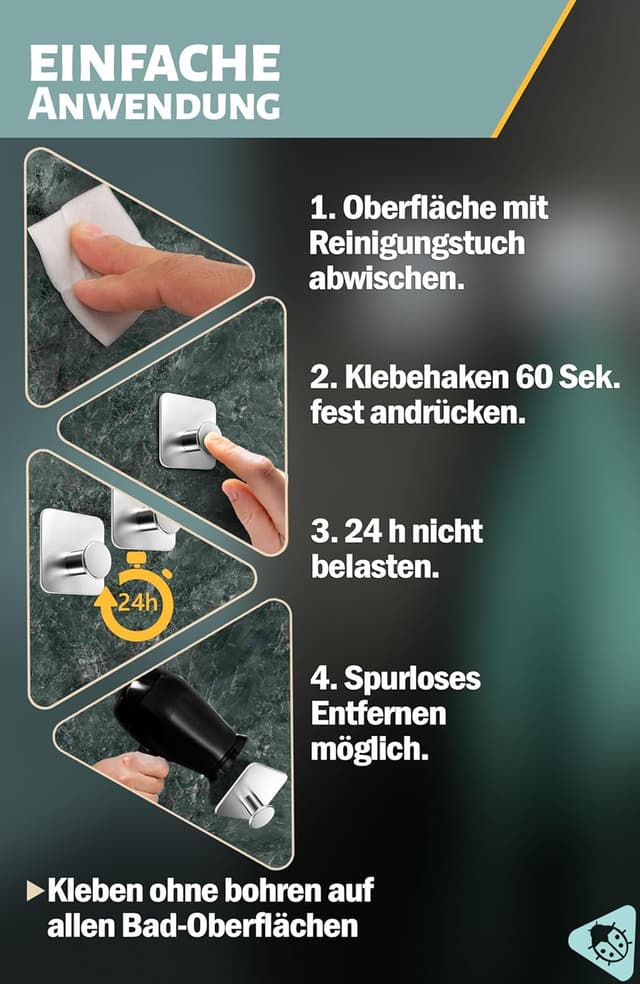 Detalle 2 de Menz Handtuchhalter ohne Bohren – 5er Set selbstklebende Edelstahl-Handtuchhaken mit 3M-Klebe-Pads