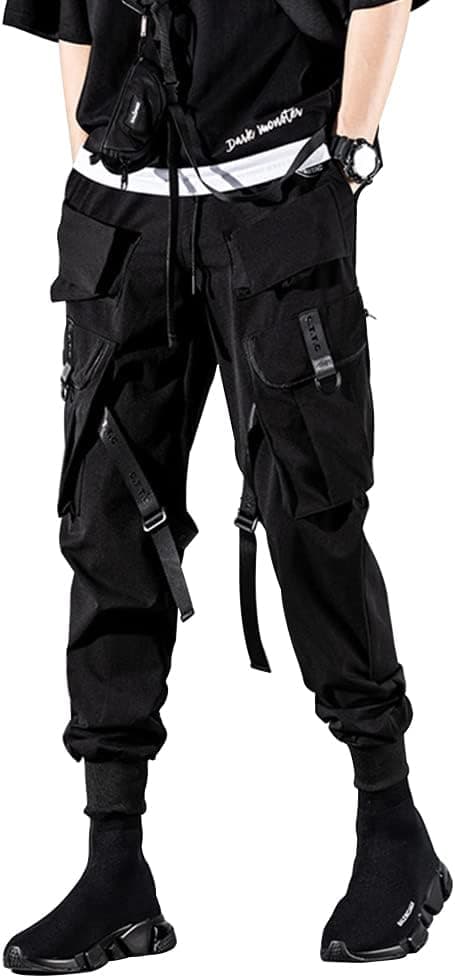Detalle de GOLYOY Cargohose für Herren – Sporthose mit mehreren Taschen, Kordelzug und Techwear-/Street-Style in Schwarz