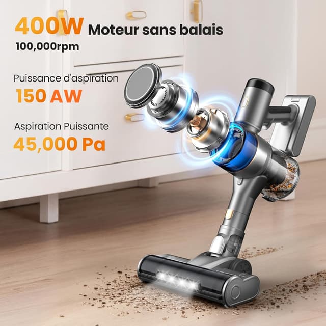 Detalle de Aspirateur balai sans fil 400 W 45 kPa, autonomie jusqu’à 55 min avec batterie amovible, brosse anti-emmêlement et LED