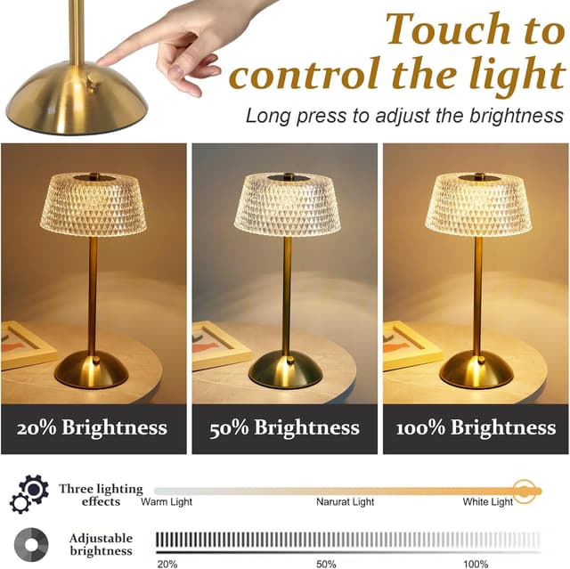 Detalle de Starhot rechargeable cordless touch table lamp with USB-C charging and 3 dimmable modes