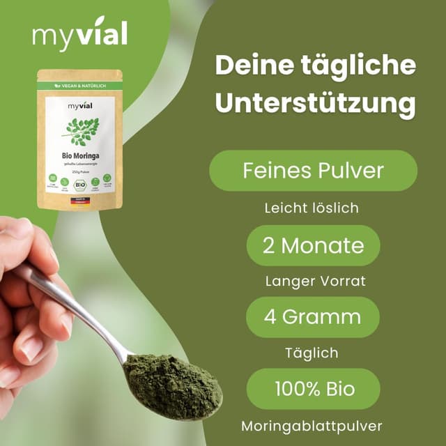 Detalle de Bio Moringa Pulver 250 g – Premium Blattpulver aus Moringa oleifera (roh verarbeitet), vegan, plastikfrei