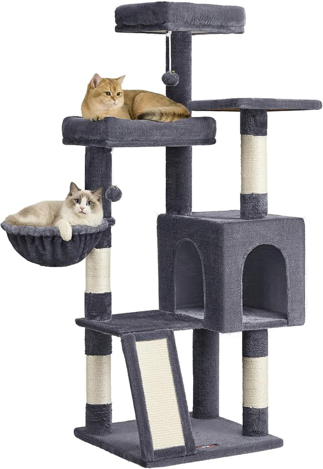 Detalle de Feandrea Albero Tiragraffi PCT012GS01 in grigio scuro: torre con 3 piattaforme e cuccia