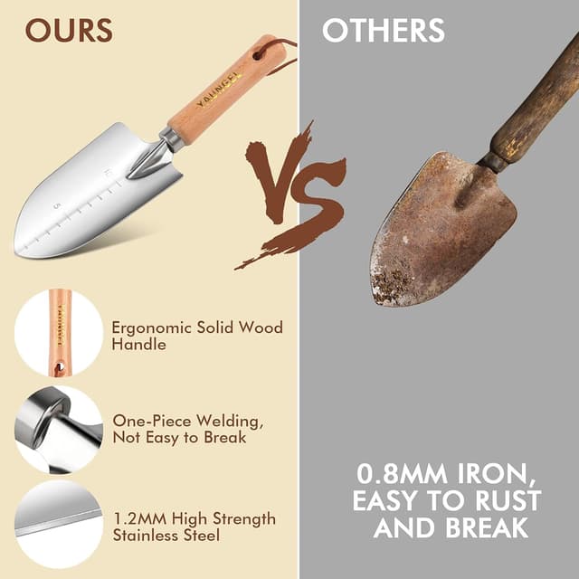 Detalle de YAUNGEL Set di attrezzi da giardinaggio da 10 pezzi in acciaio inox con manici in legno antiscivolo (rosa)