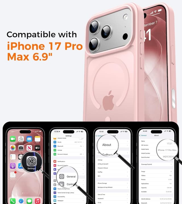 Detalle 2 de Guisessy Coque magnétique 3 en 1 pour iPhone 17 Pro Max (compatible MagSafe) avec verre trempé et bouton caméra - Rose clair