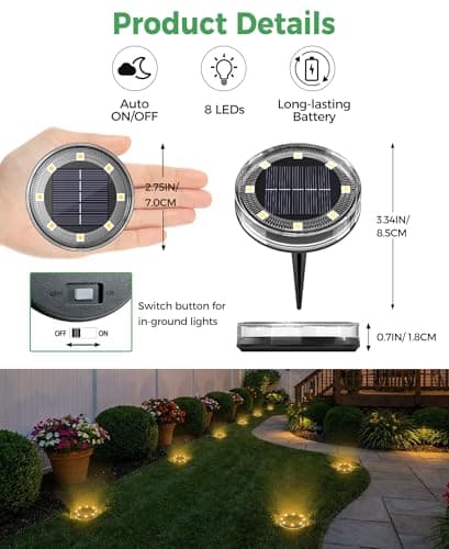 Detalle de LOTMOS 12 paquetes de luces solares LED empotrables para jardín (8 LED, blanco cálido) IP68