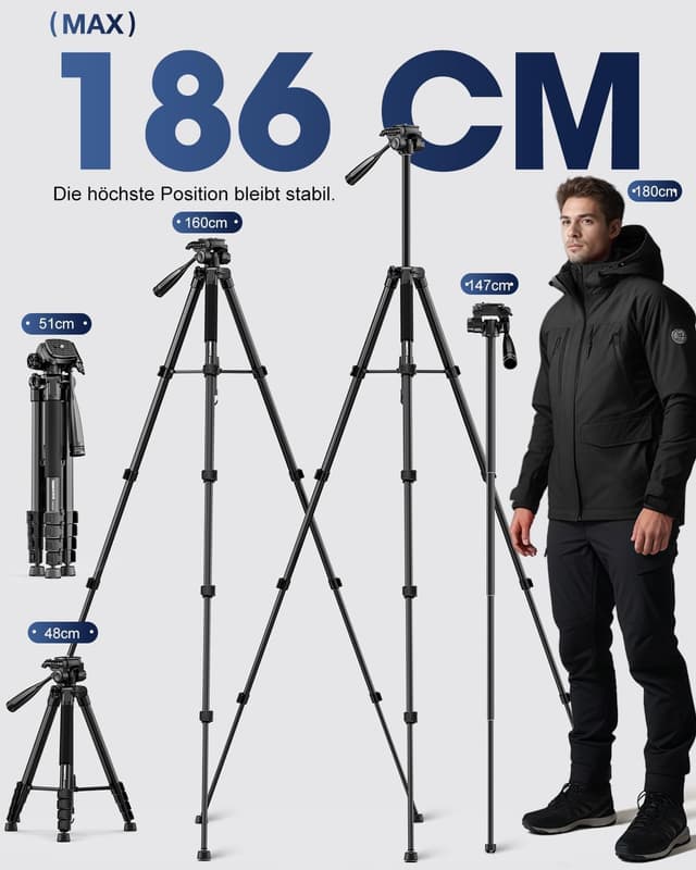 Detalle de CAMBOFOTO SAB265B 186 cm Kamera-Stativ & Einbeinstativ (Aluminium) für DSLR, spiegellose Kameras, Handys