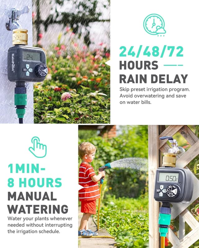 Detalle 2 de RAINPOINT Water Timer with Brass Inlet – 3 independent programmes, rain delay & IP54 hose sprinkler timer