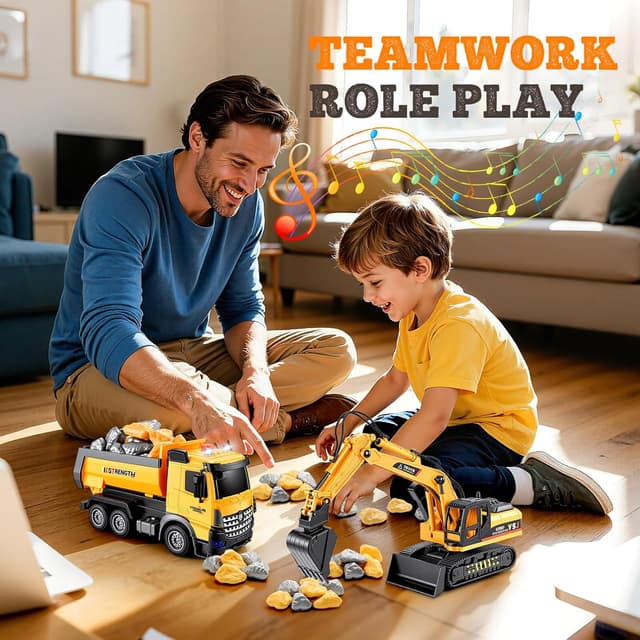 Detalle de EUTOYZ construction toy car set with excavator and dump truck (with music & lights) for ages 2–7