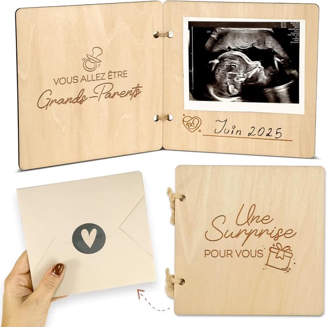 Detalle de Annonce grossesse en bois : carte pour grand-parents, mamie, tata, tonton avec photo d’échographie