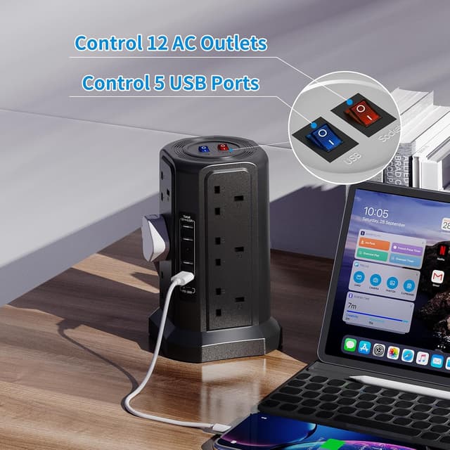 Thumbnail 4 de Tower Extension Lead 12‑Way 1.8m with 18W USB C and Surge Protection 🔌