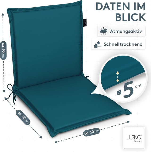 Detalle de LILENO HOME Gartenstuhl Auflagen 4er-Set für Niedriglehner (Petrol) – bequeme Sitzauflagen für Gartenstühle und Klappstühle MIA