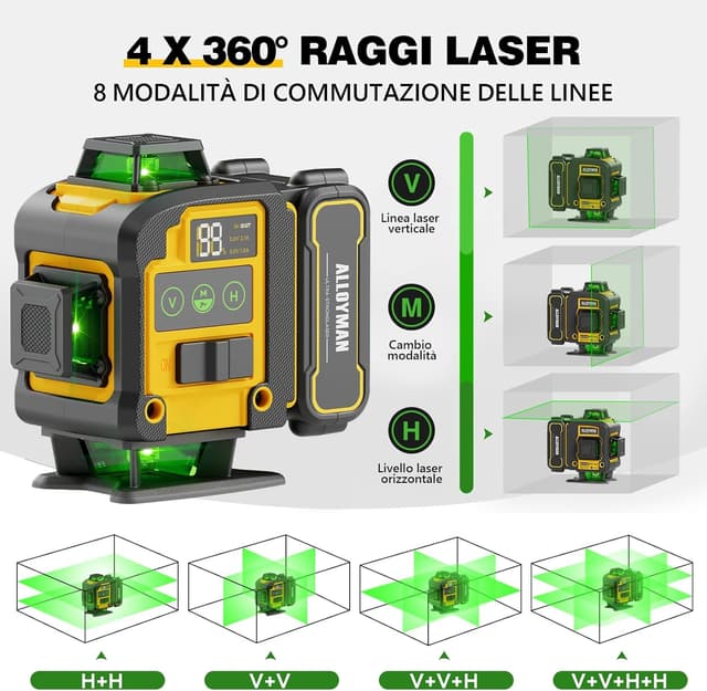 Detalle de Alloyman Livella Laser Autolivellante 16 linee con treppiede, 4D verde (IP54) per lavori interni e fai da te