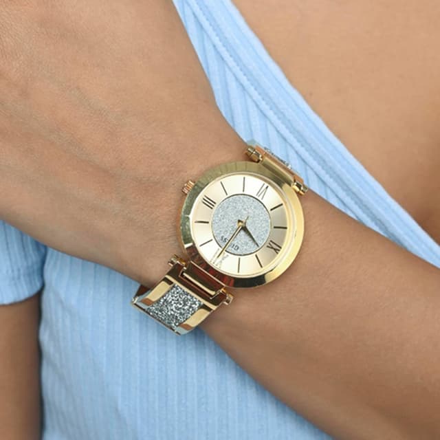 Detalle de GUESS Damen Armbanduhr Aurora – goldfarbenes Edelstahlband, Quarz, Mineralglas, 36,5 mm