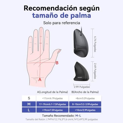 Detalle de TECKNET ratón vertical ergonómico con cable silencioso, 6400DPI y 6 botones (USB 1,5 m, negro)