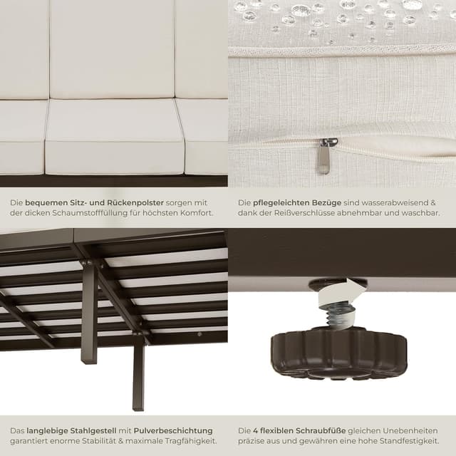 Detalle de tectake® Garten Lounge Sofa 3 Sitzer – Outdoor-Couch mit Lehne und wetterfesten Bezügen