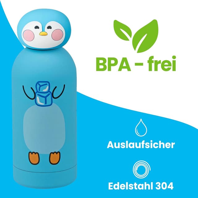 Detalle de Cartomania Trinkflasche aus Edelstahl (350 ml) mit Silikondeckel – türkis mit Pinguin
