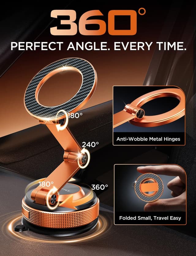 Detalle de MSXTTLY Vmag S3 Magnetic Car Phone Holder (Zinc Alloy, Dual-Fold Long Arm, Nano Suction Base) – Orange