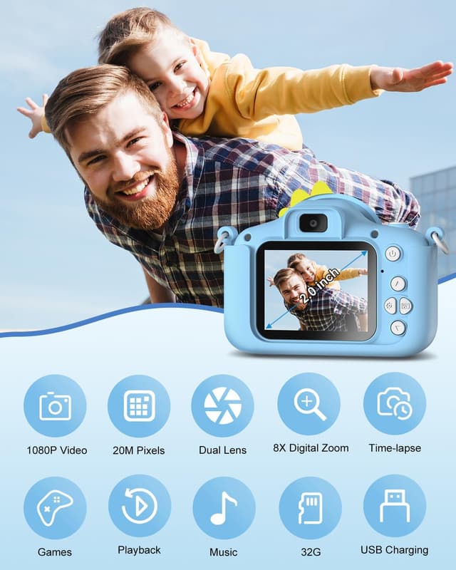 Detalle 2 de Hangrui Kids Camera (20MP) with Dual Lens, 2-inch IPS Screen & 1080P Video for ages 3–12 (Blue)