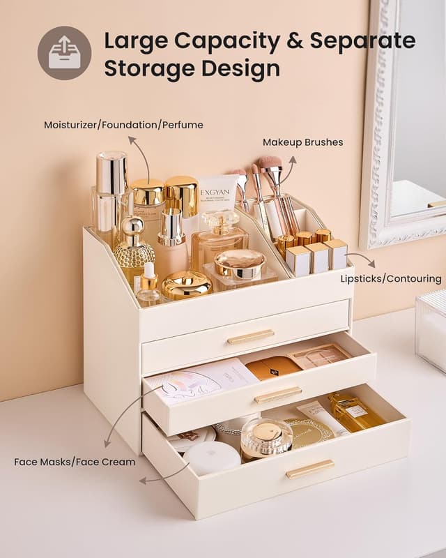 Thumbnail 2 de Lolalet 4-Layer PU Leather Makeup Organiser with Drawers for Vanity Desk (Cream)