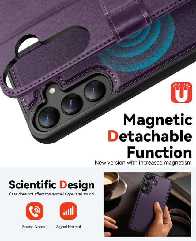 Detalle de OCASE kompatible Hülle für Samsung Galaxy S25 Plus (2in1) mit abnehmbarem Magnet-Flip, Kartenfach & RFID-Schutz – dunkelviolett