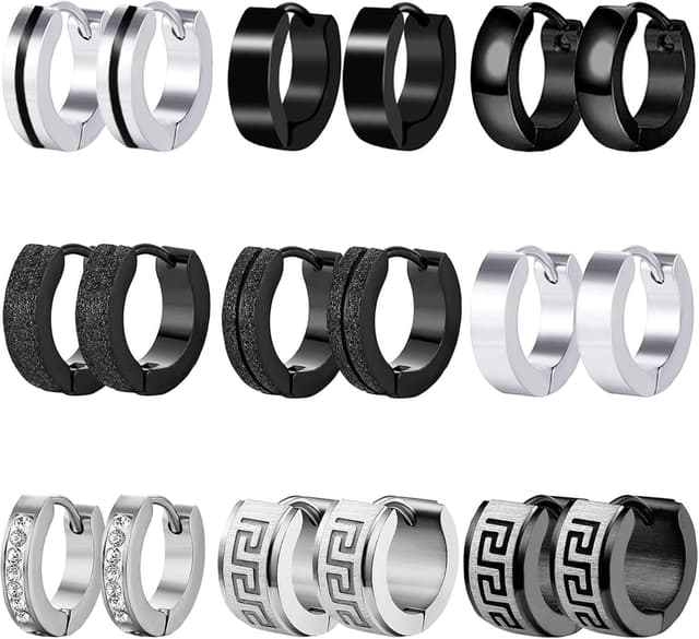 Detalle de VELESAY 9 Paar Herren Creolen aus Edelstahl (Schwarz/Silber) – Set für Ohrstecker, Knorpel & Helix