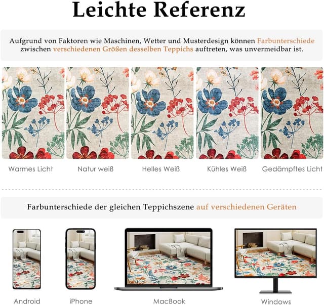 Detalle 2 de Beige waschbarer Teppich mit Blumenmuster 120x170 cm – kurzflor, rutschfest für Wohn- und Schlafzimmer