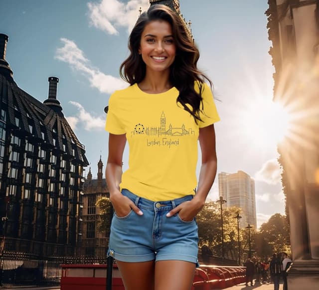 Detalle de Qskall Women’s London England T‑Shirt with London Skyline Print (Crew Neck)