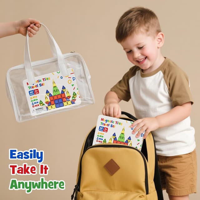 Detalle de Magnetic Tiles Construction Set 42pcs in travel metal box – portable magnetic building blocks for ages 3+