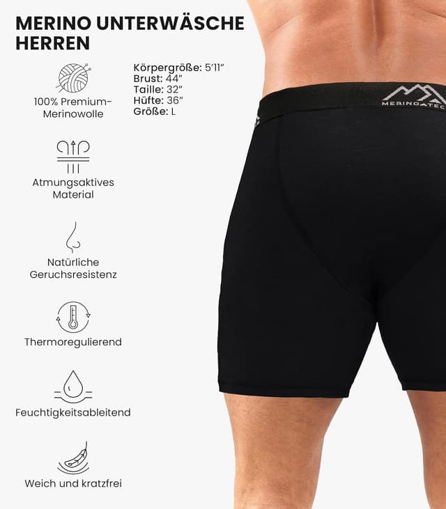 Detalle 2 de Merino.tech 100% Merino Herren-Boxershorts (19,5 Mikron) – atmungsaktiv, geruchsarm und feuchtigkeitsableitend