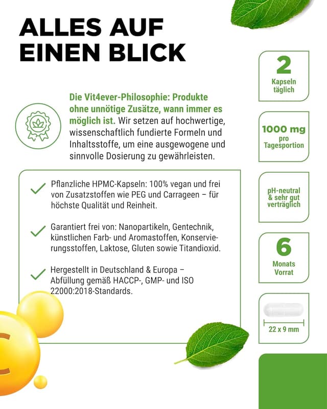 Detalle 2 de vit4ever Vitamin C gepuffert 1000 mg (pH-neutral, säurefrei) – 365 vegane Kapseln