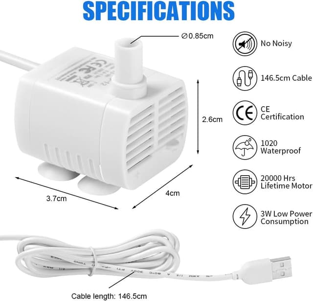 Detalle de flintronic submersible water pump (3W ultra quiet) – USB fountain and aquarium pump, 200L/H, DC 3.5–9V
