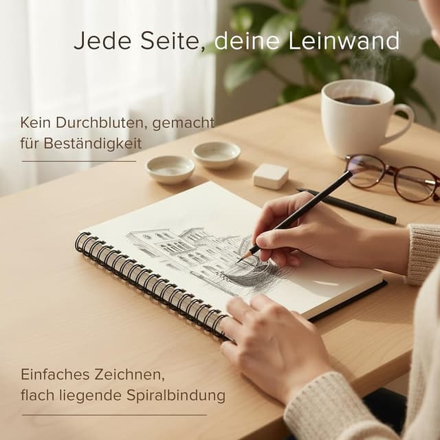 Detalle de Gebundenes Skizzenbuch für Künstler, DIN A4 (200 g/m²) – spiralgebunden, 40 Bögen / 80 Seiten