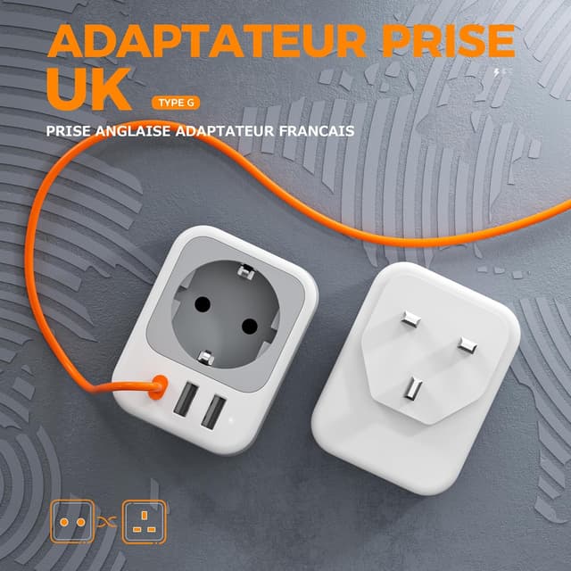 Detalle de TESSAN adaptateur prise anglaise 4 en 1 (type G) vers France : 1 USB‑C + 2 USB‑A