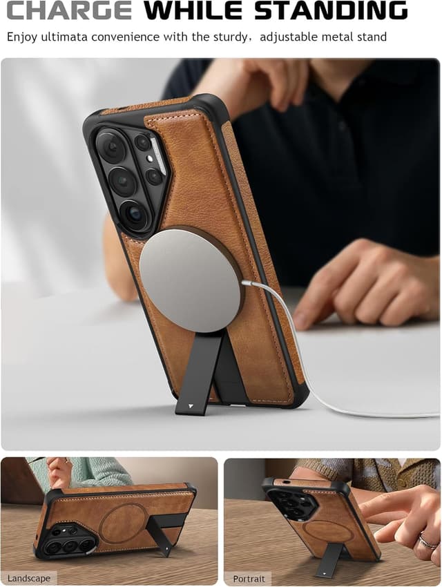 Detalle de VAUSERDY Strong Magnetic Leather Case for Samsung Galaxy S26 Ultra (MagSafe, Kickstand, Shockproof) – Brown