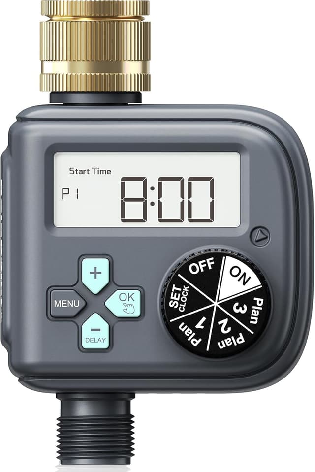Detalle de RAINPOINT Water Timer with Brass Inlet – 3 independent programmes, rain delay & IP54 hose sprinkler timer