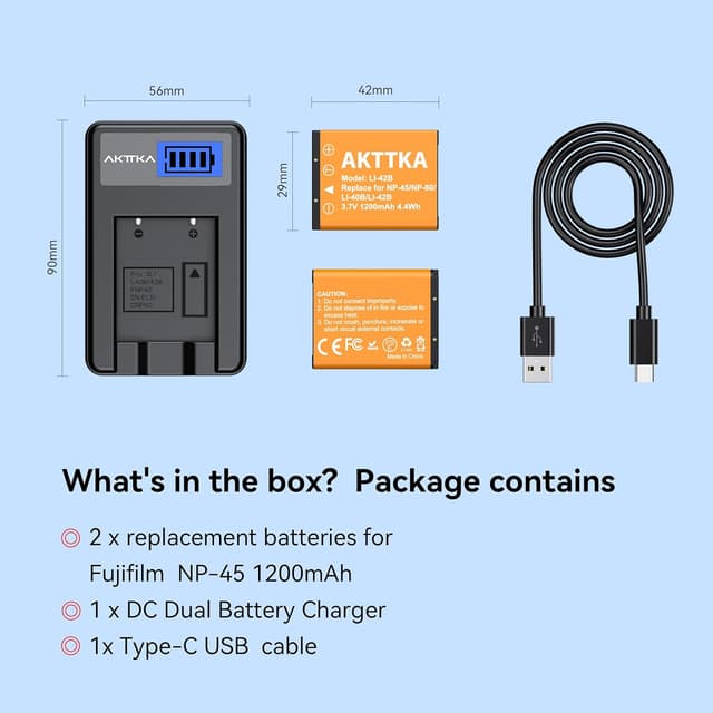 Thumbnail 6 de Kit batterie AKTTKA NP-45 (2×1200mAh) con caricabatterie USB-C compatibile Olympus, Nikon e Fujifilm