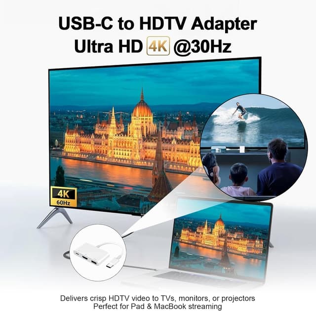 Detalle 2 de APKLVSR MFi-zertifizierter USB-C HDMI Adapter 3-in-1 (4K HDMI, 100-W PD, USB 3.0 Hub) – Plug & Play