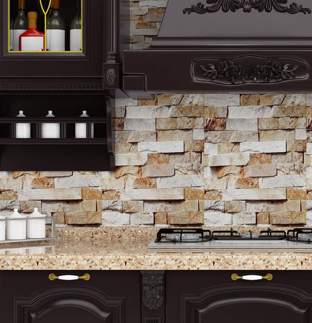 Detalle 1 de Livelynine 40 cm x 10 m 3D selbstklebende Tapete im Steinoptik-Design (beige) für Wand & Spritzschutz