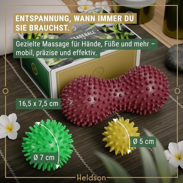 Detalle 2 de HELDSON® Premium Massageball 3er Set inkl. Peanut-Ball & Igelbälle für Fuß-, Hand- und Rückenmassage